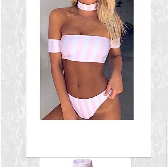 BOGO 1\2 OFF Pink&White Striped Bikini With Choker - Picture 4 of 8